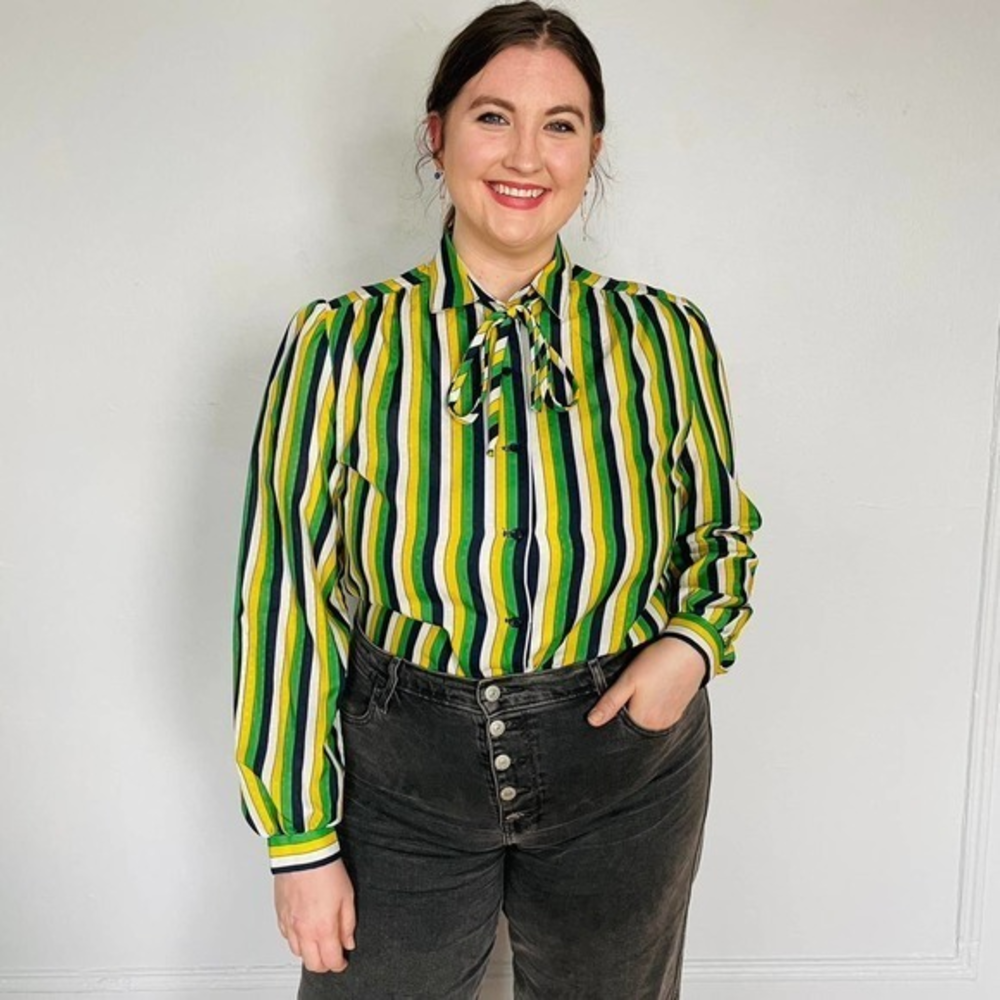 Vintage 80s Yellow and Navy Striped blouse